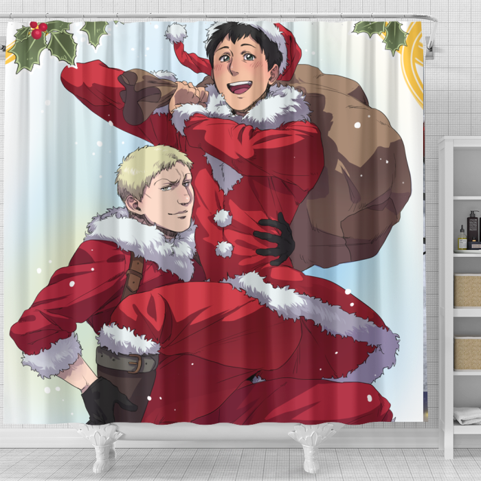 Attackontitan Holding Each Other Christmas Shower Curtain - Anime Shower Curtains