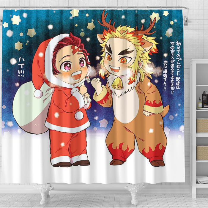 Demon Slayer Funny Couple Christmas Shower Curtain - Anime Shower Curtains