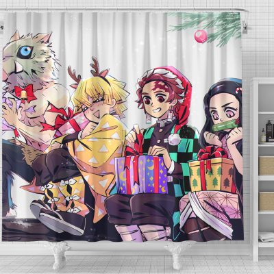 Demon Slayer Receiving Gifts Christmas Shower Curtain - Anime Shower Curtains