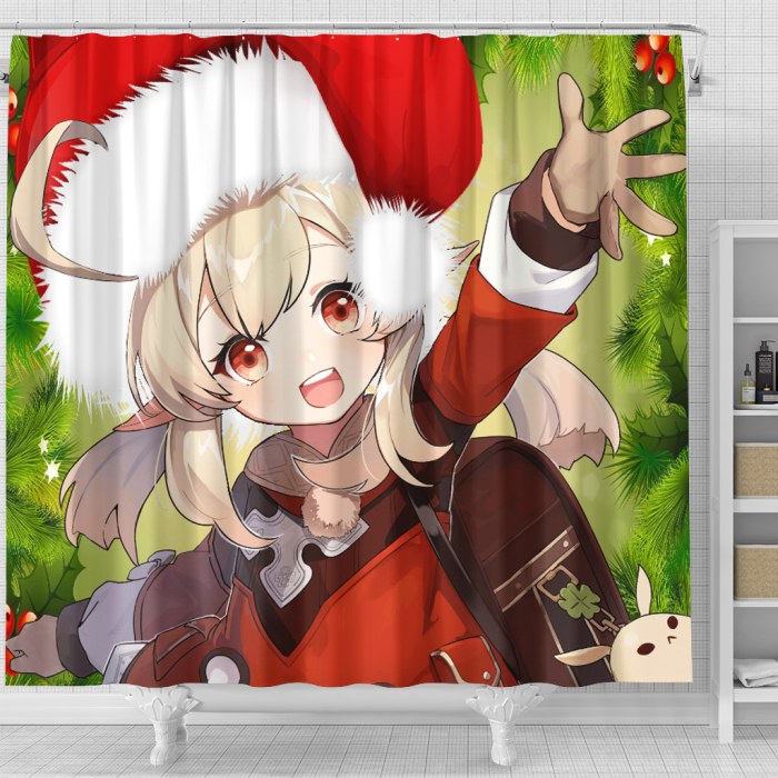 Genshinimpact Surprised Christmas Shower Curtain - Anime Shower Curtains