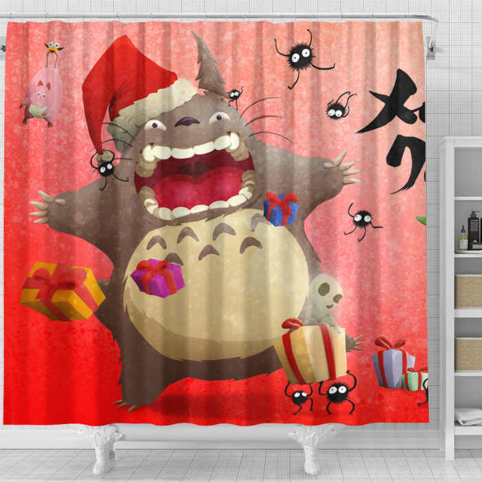 Ghiblimerchandise Tororo Red Christmas Shower Curtain - Anime Shower Curtains