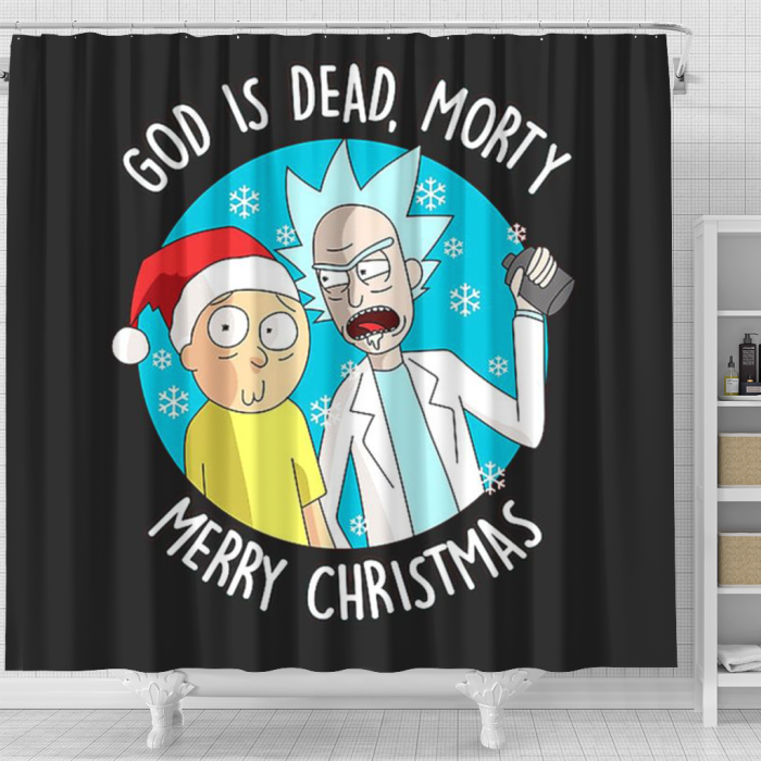 Rick And Monty God Is Dead Christmas Shower Curtain - Anime Shower Curtains