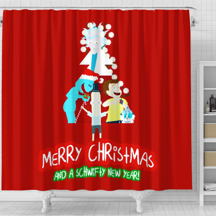 Rick And Monty Red Christmas Shower Curtain - Anime Shower Curtains