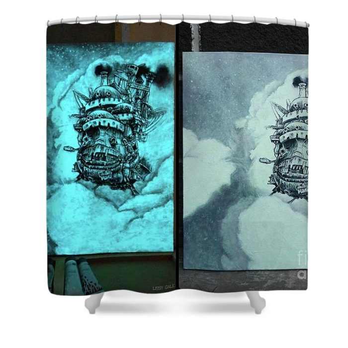 glow in the dark howls moving castle gift black and white painting original studio ghibli galina povhanych - Anime Shower Curtains