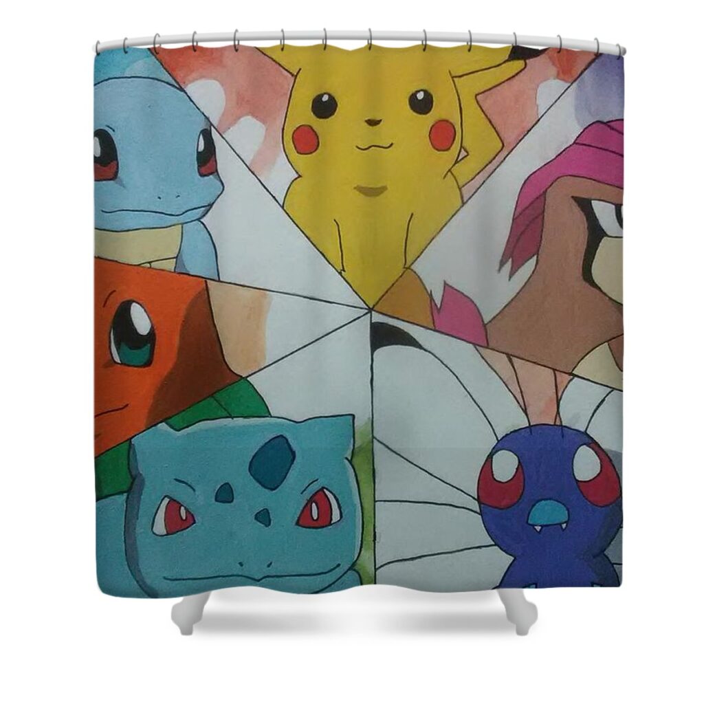 ash ketchums first 6 pokemon david stephenson - Anime Shower Curtains