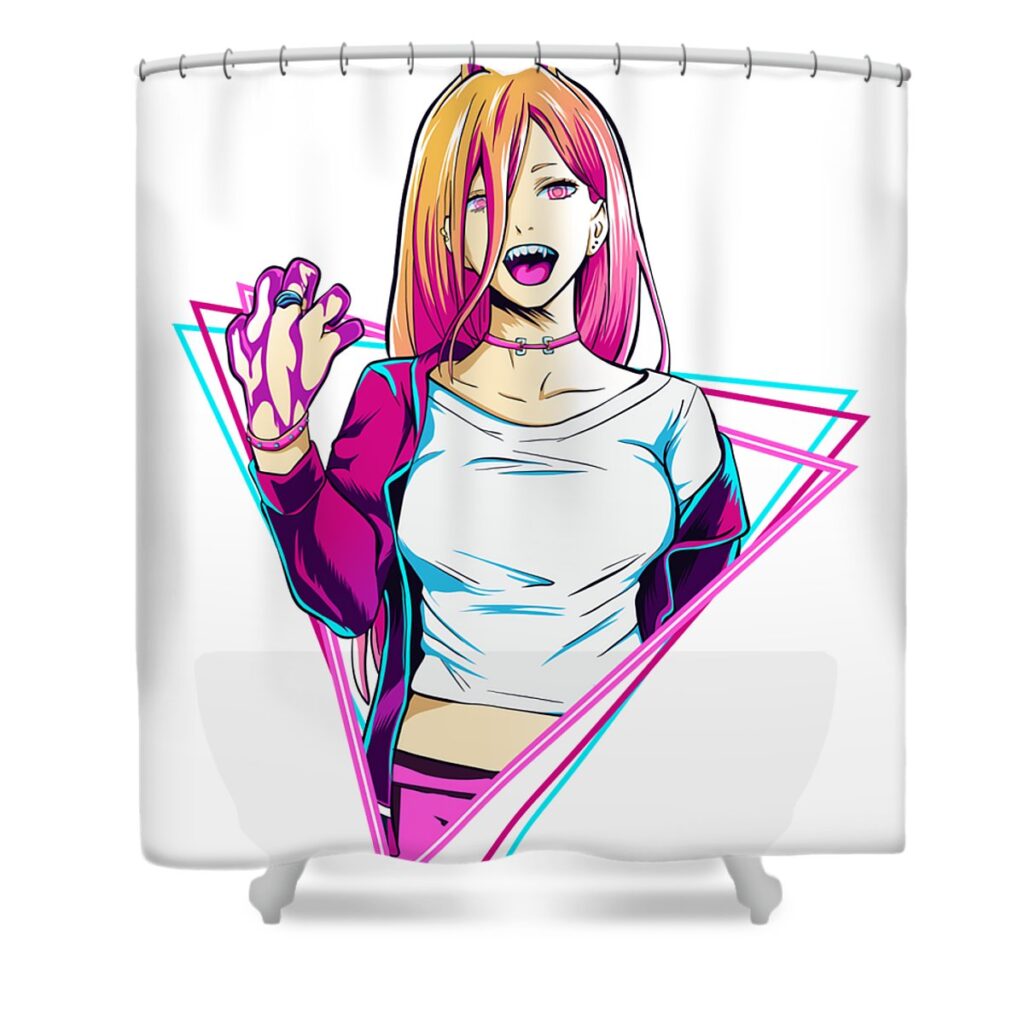 light blue chainsaw man power retro style anime video game transparent - Anime Shower Curtains